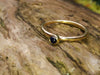 Blue Sapphire Tiny Gold Stacking Ring sitting on log