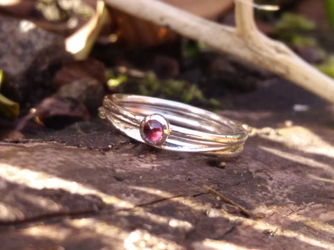 Garnet and Wound Tiny Silver Stacking Rings