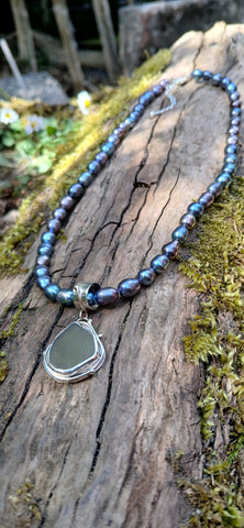 Pale Olive Seafoam Black Sands Seaglass Pendant