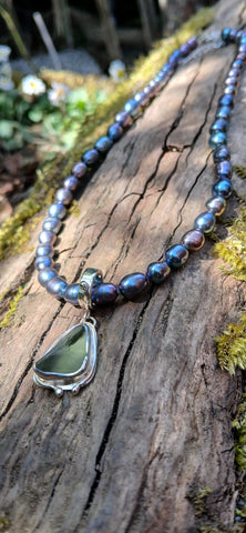 Mid Green Seafoam Black Sands Seaglass Pendant