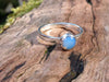 Sterling silver and Opalite stacking ring. Sitting on a mossy log in the sunshine.