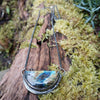 Oxidised silver half moon and chain necklace with tendrils. Sitting on a mossy log.