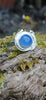 A silver ring with a round blue cabochon gemstone surrounded by silver tendrils photographed resting on a mossy log
