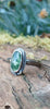An oxidised silver ring with an oval green moss agate bezel set stone containing seaweed patterns, resting on a mossy log with a blurred garden background. The stone  is surrounded by seaweed tendrils which run down one side of the chunky D shaped band.