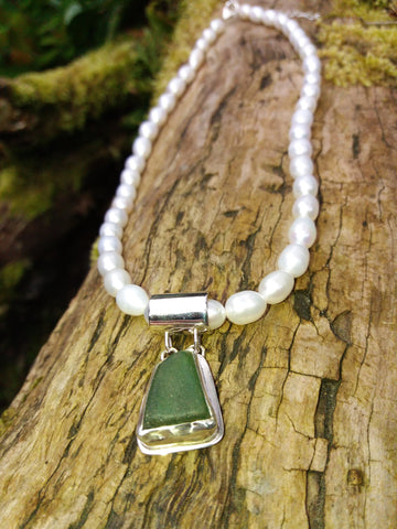 Green Squarish Seaglass Pendant on Slide