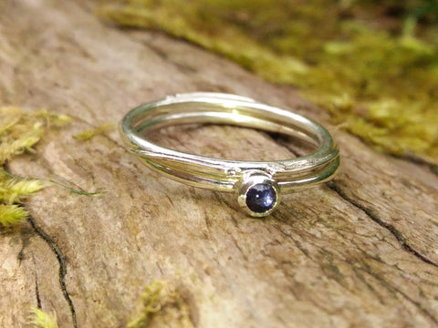 Iolite and Wound Tiny Silver Stacking Rings