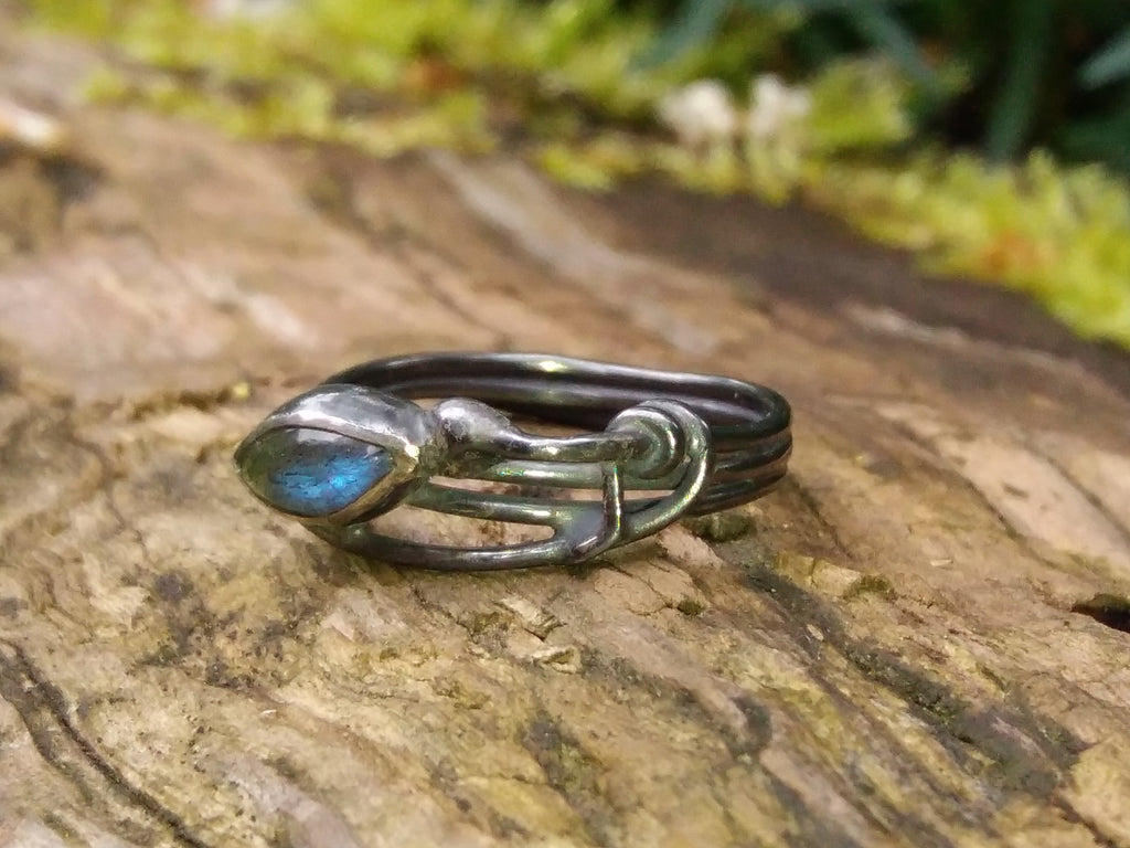 Oxidised Silver Tendril Leaf Ring with Labradorite