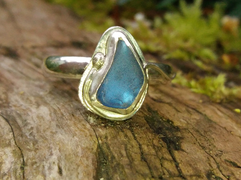 Cobalt Blue Teardrop Seaglass Ring front view with light