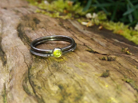 Peridot and Wound Tiny Silver Stacking Rings