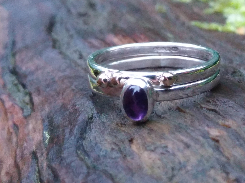 Amethyst and gold dot stacking rings