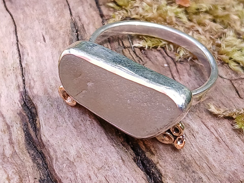Seaglass Ring with Gold Barnacles