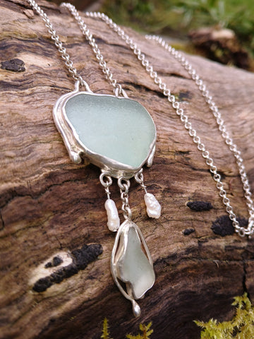 Seafoam Seaglass and Pearl Long Necklace