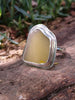 Large pale olive sea glass ring sitting resplendent on a mossy woodland log in the sunshine.