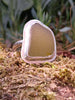 Large pale olive sea glass ring sitting resplendent on a mossy woodland log in the sunshine.