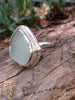 Pale blueish green seaglass ring with slightly egg shaped stone and tendril detail wrapping around, sitting on a mossy log.