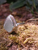 Pale blueish green seaglass ring with slightly egg shaped stone and tendril detail wrapping around, sitting on a mossy log.