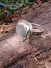 Palest blue seaglass ring with seaweed tendril detail wrapping around, sitting on a mossy log. 