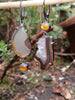 Mismatched dangle earrings with agate slices set with prongs and bezel set amber, hanging from a twig in the garden.