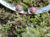 Traditional Silver brooch, penannular pin, ring pin with red and pink stones sits on a mossy log. Close up of the pink Rhodenite stones at the terminal ends.