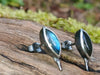 Leaf shaped oxidised silver stud earrings with a dreamy elfin quality sits on a mossy log, the labradorite stones glinting blue in the sunlight.