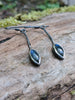 Labradorite leaf and long stem earrings with hook wires sitting on a mossy log, the labradorite stone glinting blue in the sunlight.