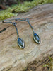 Labradorite leaf and long stem earrings with hook wires sitting on a mossy log, the labradorite stone glinting blue in the sunlight.