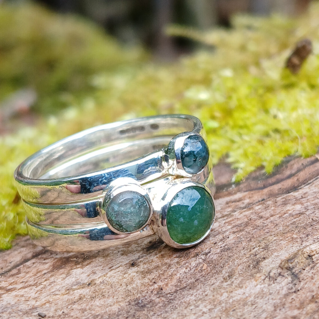 sterling silver 3 ring Moss agate stacking ring set