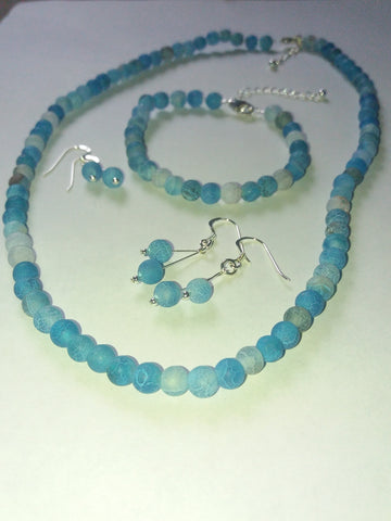 Matt Blue Agate Beads Necklace Bracelet Earrings