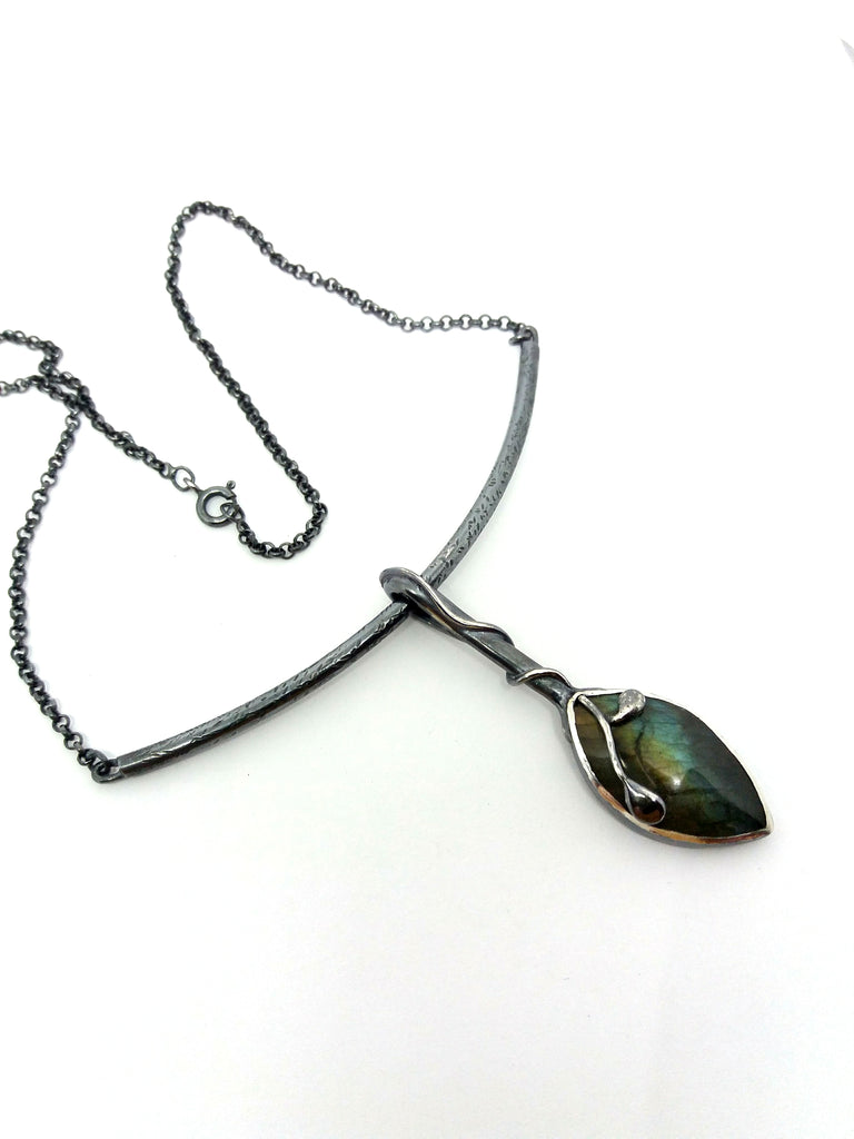 Blue green Labradorite Long Leaf pendant necklace sterling silver