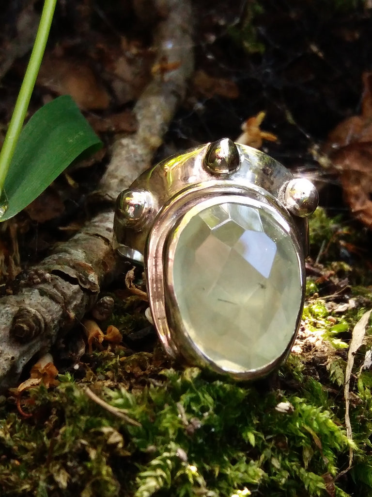 Rose cut prehnite and silver ring